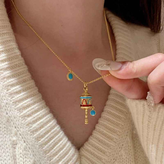 Blue Enamel Turquoise Om Mani Padme Hum Prayer Wheel Necklace - Lunaria