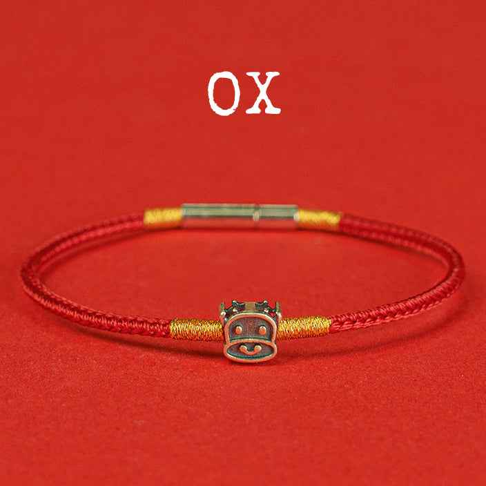 Hand-woven Chinese Zodiac Bracelet 925 Silver Lucky Birth Year Protection Red Rope - Lunaria