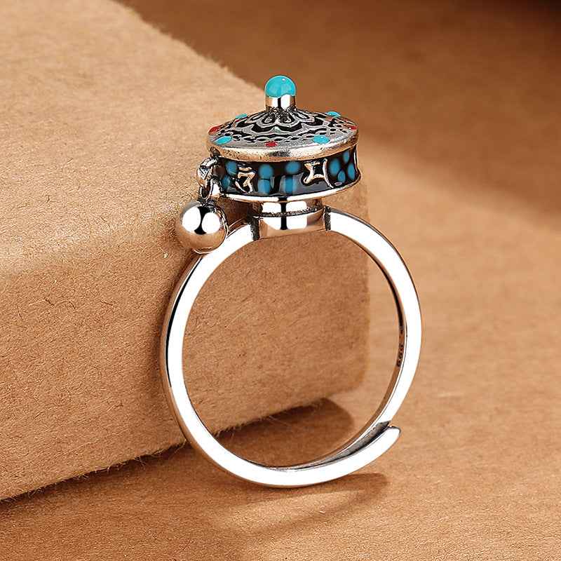 Tibetan Om Mani Padme Hum Enamel Lotus Prayer Rotatable Ring Opening Adjustable - Lunaria