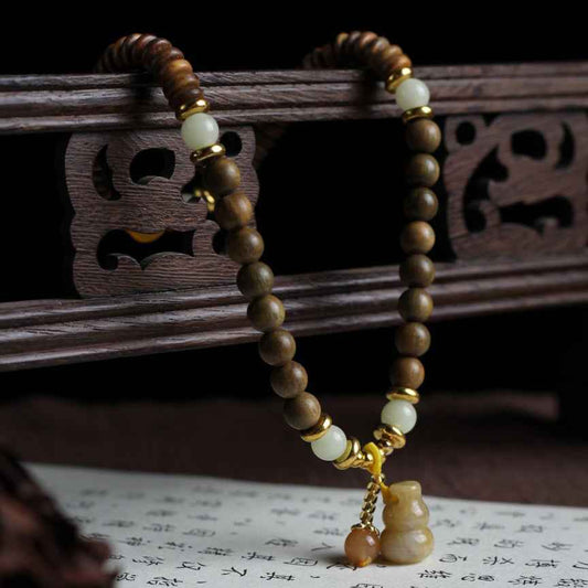 Green Sandalwood Beads DIY Gold Jade Gourd Bracelet Retro Buddhist Stone - Lunaria