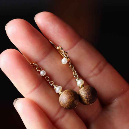 Agarwood Vintage Handmade Long Earrings Pearl Simple Health Earrings - Lunaria