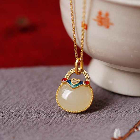 Hetian Jade Necklace Clavicle Chain Chinese Style Money Bag Jade Pendant - Lunaria