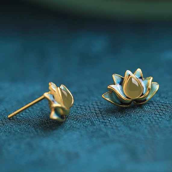 Lotus Hetian Jade Earrings Enamel Exquisite Earrings - Lunaria