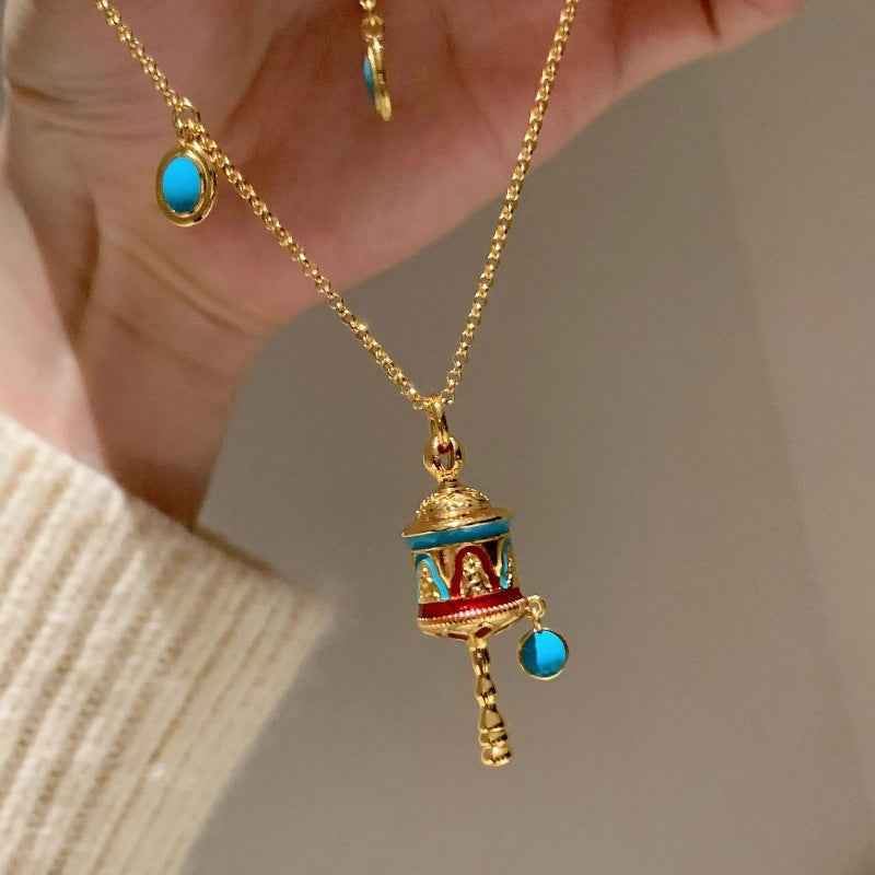 Blue Enamel Turquoise Om Mani Padme Hum Prayer Wheel Necklace - Lunaria
