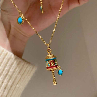 Blue Enamel Turquoise Om Mani Padme Hum Prayer Wheel Necklace - Lunaria