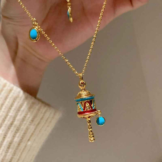 Blue Enamel Turquoise Om Mani Padme Hum Prayer Wheel Necklace - Lunaria