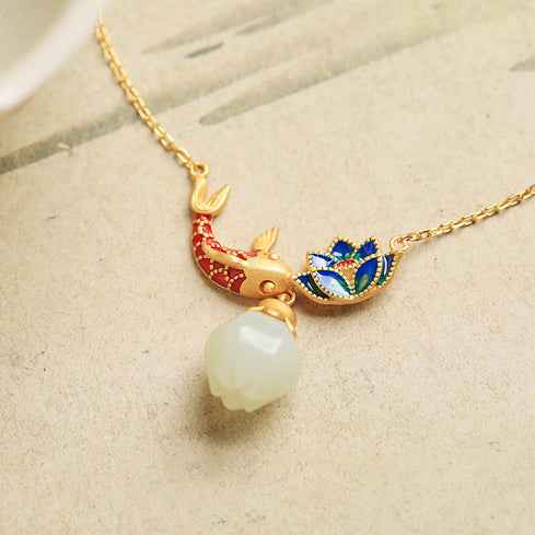 Sterling Silver Hetian Jade Necklace Enamel Koi Lotus Jade Pendant Necklace - Lunaria