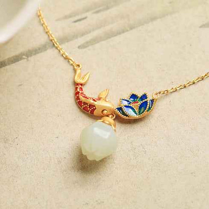 Sterling Silver Hetian Jade Necklace Enamel Koi Lotus Jade Pendant Necklace - Lunaria