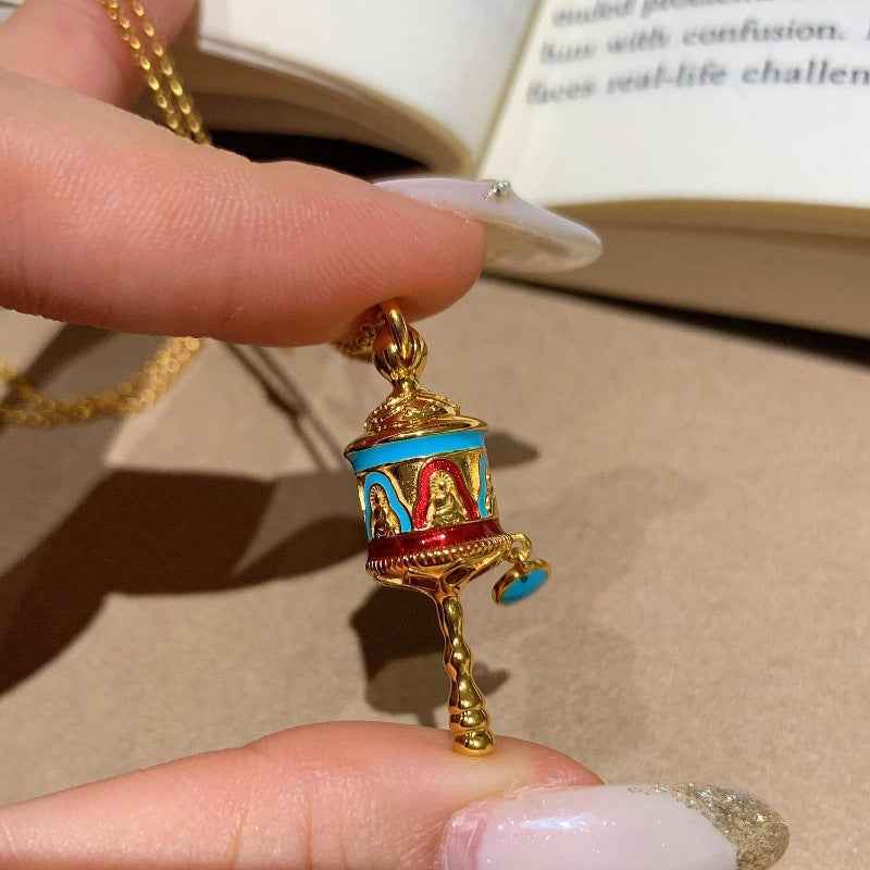 Blue Enamel Turquoise Om Mani Padme Hum Prayer Wheel Necklace - Lunaria