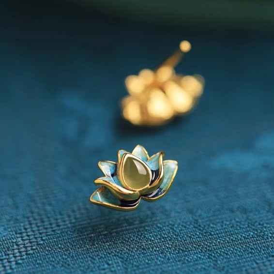 Lotus Hetian Jade Earrings Enamel Exquisite Earrings - Lunaria