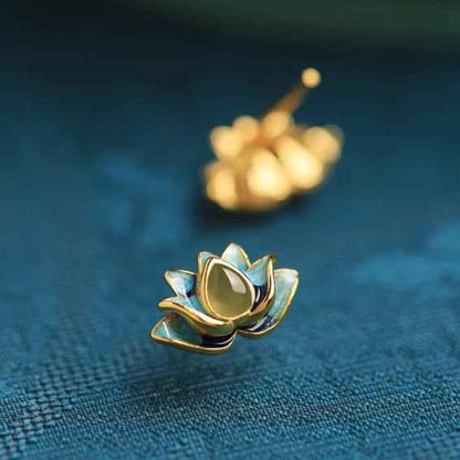 Lotus Hetian Jade Earrings Enamel Exquisite Earrings - Lunaria