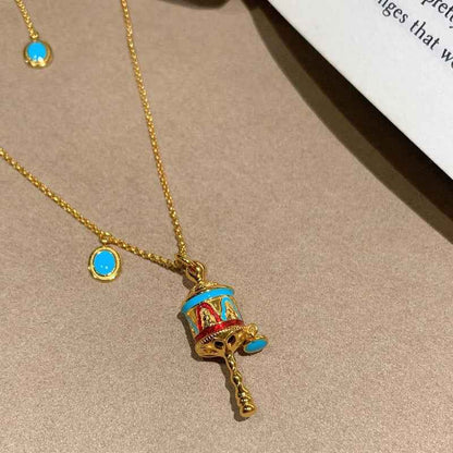 Blue Enamel Turquoise Om Mani Padme Hum Prayer Wheel Necklace - Lunaria