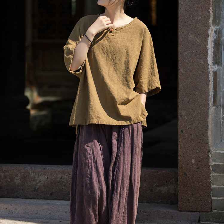Causal Half Sleeve Ramie Linen Cotton T-shirt Tee Women Top