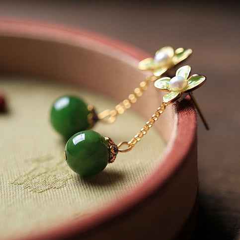 Natural Jasper Enamel Four-Leaf Clover Flower Sterling Silver Earrings Summer Earrings - Lunaria
