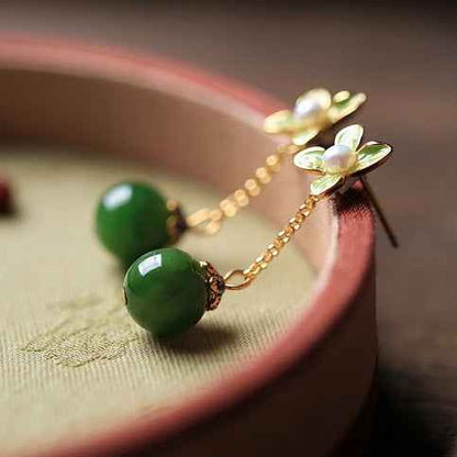 Natural Jasper Enamel Four-Leaf Clover Flower Sterling Silver Earrings Summer Earrings - Lunaria