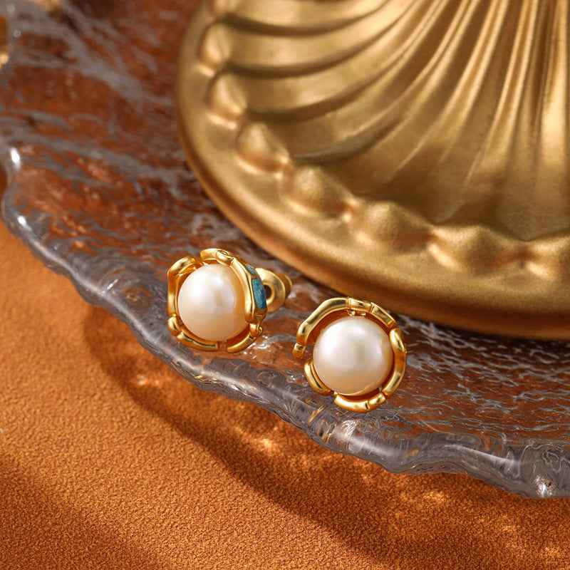 925 Silver Needle Natural Freshwater Pearl Earrings Vintage Enamel Earrings - Lunaria