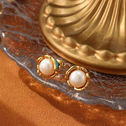 925 Silver Needle Natural Freshwater Pearl Earrings Vintage Enamel Earrings - Lunaria