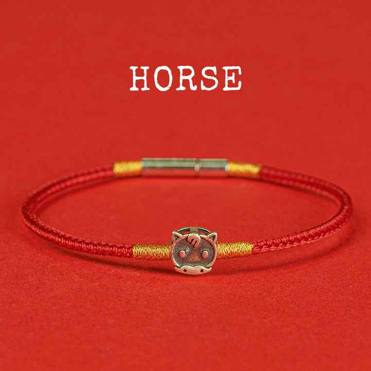 Hand-woven Chinese Zodiac Bracelet 925 Silver Lucky Birth Year Protection Red Rope - Lunaria