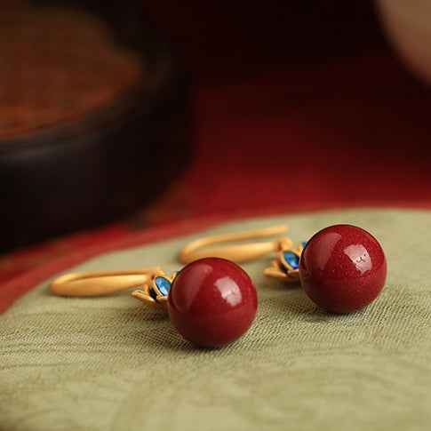 Vermillion Lotus Earrings Red Vintage Blue Enamel Earrings - Lunaria