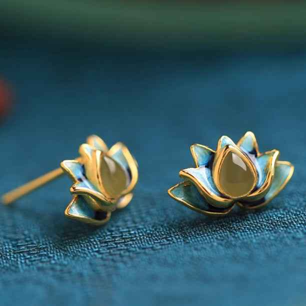 Lotus Hetian Jade Earrings Enamel Exquisite Earrings - Lunaria
