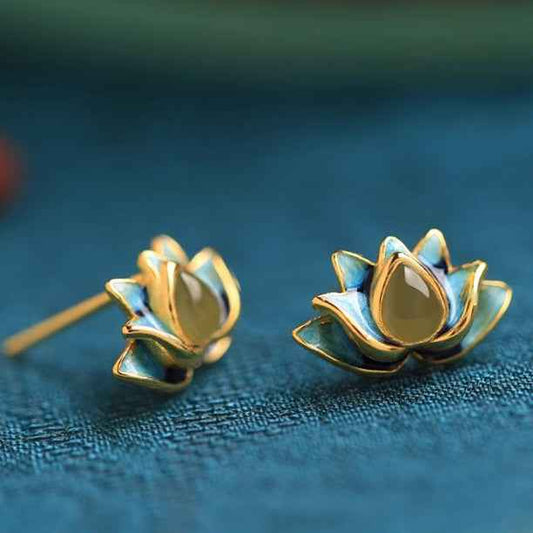 Lotus Hetian Jade Earrings Enamel Exquisite Earrings - Lunaria