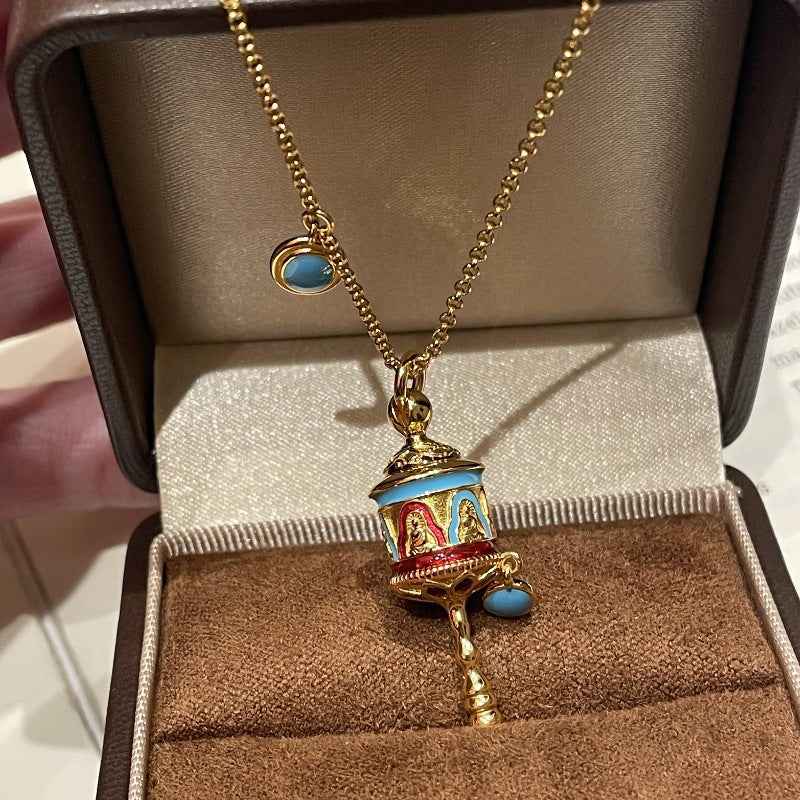 Blue Enamel Turquoise Om Mani Padme Hum Prayer Wheel Necklace - Lunaria