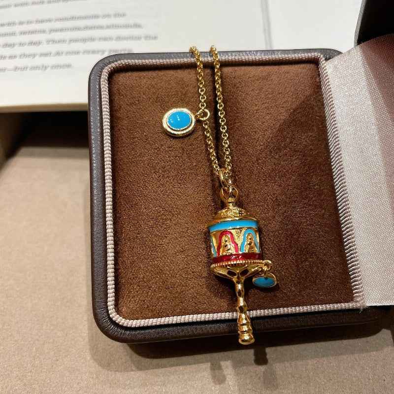 Blue Enamel Turquoise Om Mani Padme Hum Prayer Wheel Necklace - Lunaria