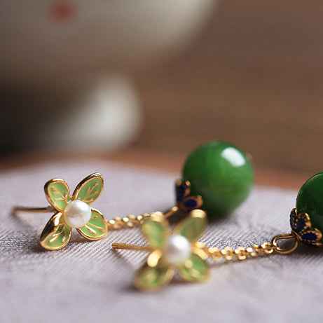 Natural Jasper Enamel Four-Leaf Clover Flower Sterling Silver Earrings Summer Earrings - Lunaria