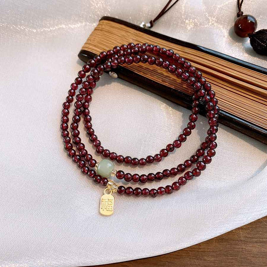 Natural Red Pomegranate Crystal Chinese bracelet Hetian jade lucky bracelet multi-circle - Lunaria