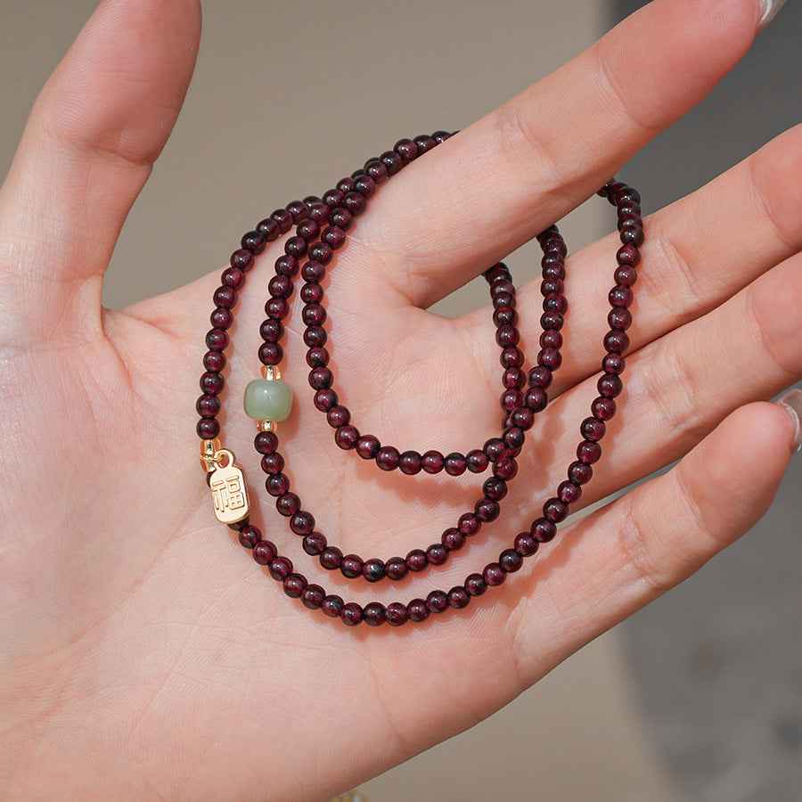 Natural Red Pomegranate Crystal Chinese bracelet Hetian jade lucky bracelet multi-circle - Lunaria