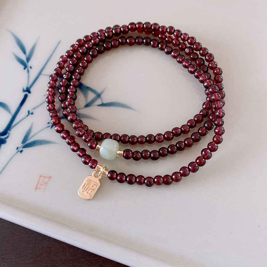 Natural Red Pomegranate Crystal Chinese bracelet Hetian jade lucky bracelet multi-circle - Lunaria