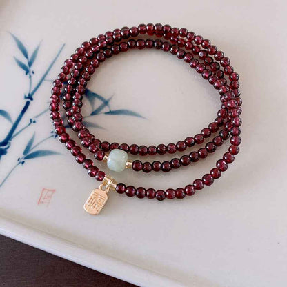 Natural Red Pomegranate Crystal Chinese bracelet Hetian jade lucky bracelet multi-circle - Lunaria