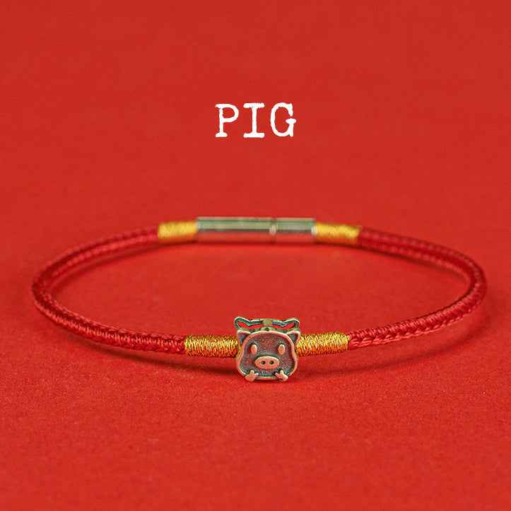 Hand-woven Chinese Zodiac Bracelet 925 Silver Lucky Birth Year Protection Red Rope - Lunaria