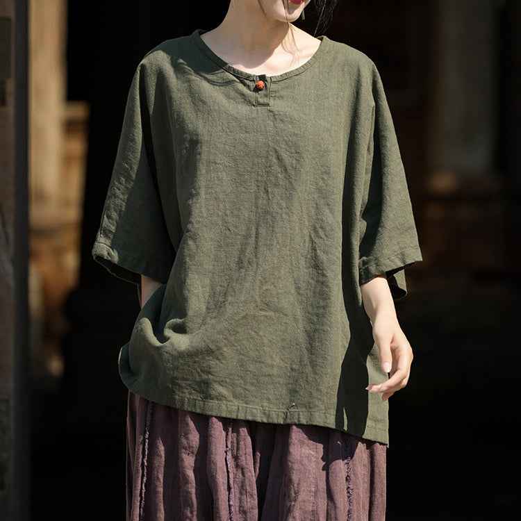 Causal Half Sleeve Ramie Linen Cotton T-shirt Tee Women Top