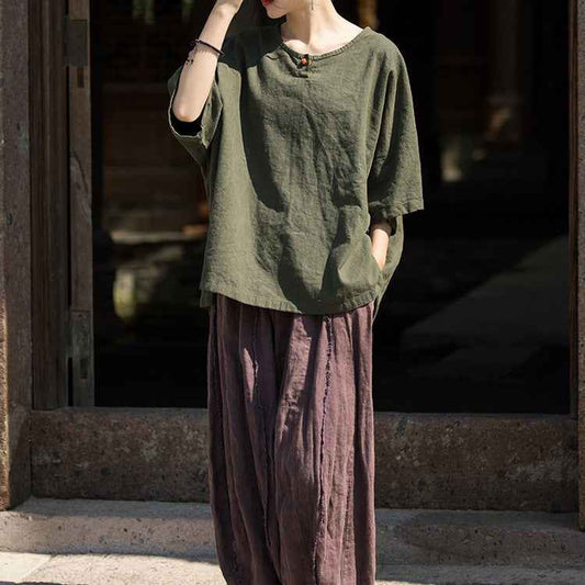 Causal Half Sleeve Ramie Linen Cotton T-shirt Tee Women Top