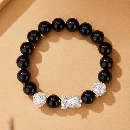 Silver Pixiu Obsidian Bracelet Cat's Eye Stone Couple Bracelet Valentine's Day Gift - Lunaria