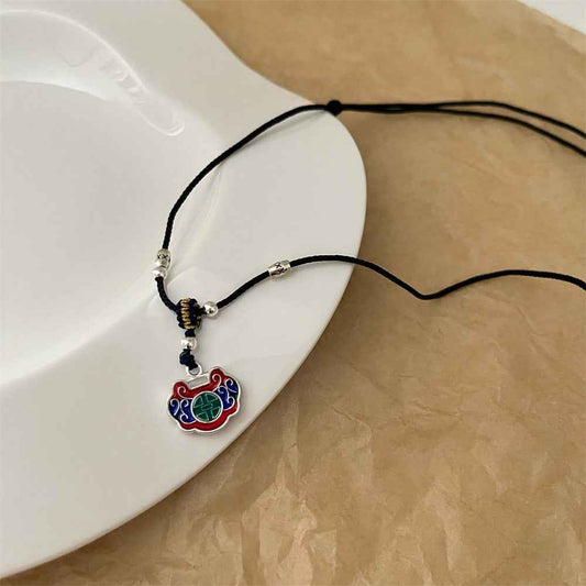 Tibetan Ethnic Style Colorful Peace Lock Braided Necklace Black Rope Ruyi Lock Necklace - Lunaria