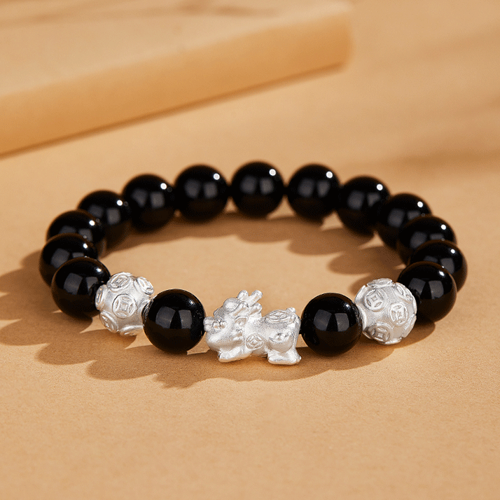 Silver Pixiu Obsidian Bracelet Cat's Eye Stone Couple Bracelet Valentine's Day Gift - Lunaria