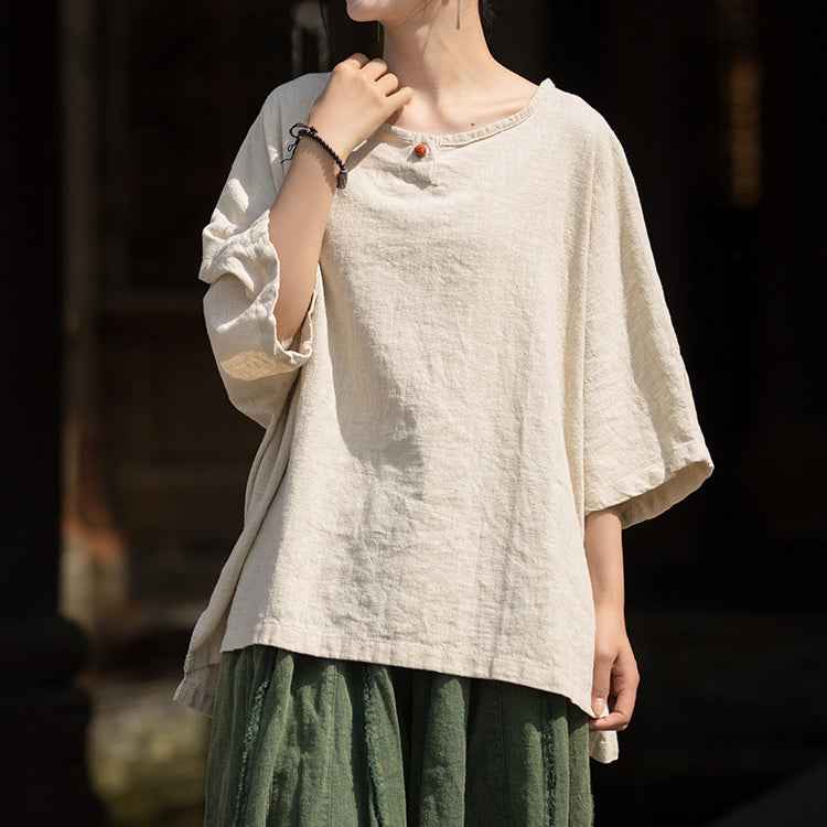 Causal Half Sleeve Ramie Linen Cotton T-shirt Tee Women Top