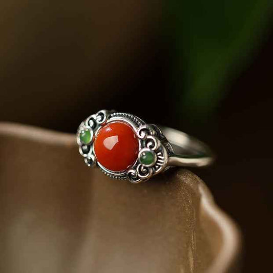 S925 silver South Red Agate Ring Jasper Retro Auspicious Cloud Ring - Lunaria
