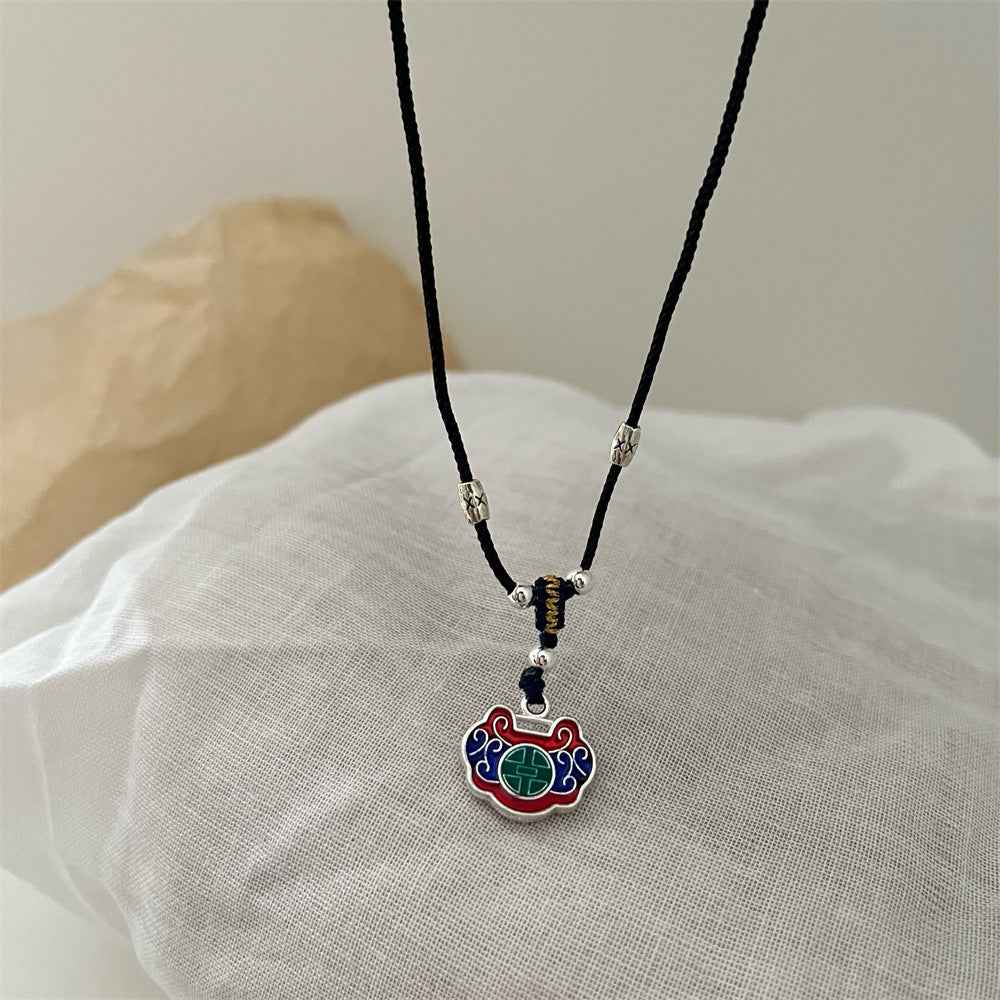 Tibetan Ethnic Style Colorful Peace Lock Braided Necklace Black Rope Ruyi Lock Necklace - Lunaria