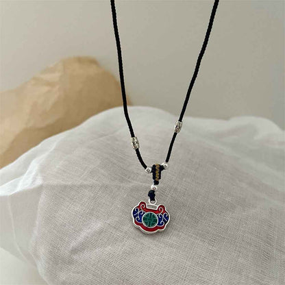 Tibetan Ethnic Style Colorful Peace Lock Braided Necklace Black Rope Ruyi Lock Necklace - Lunaria