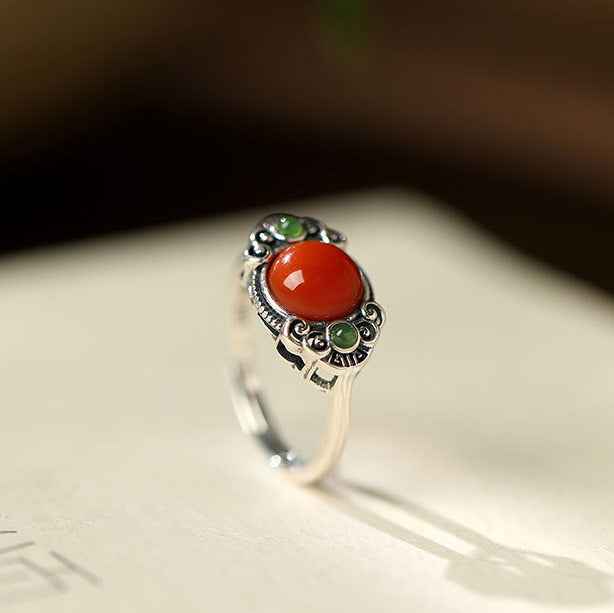 S925 silver South Red Agate Ring Jasper Retro Auspicious Cloud Ring - Lunaria