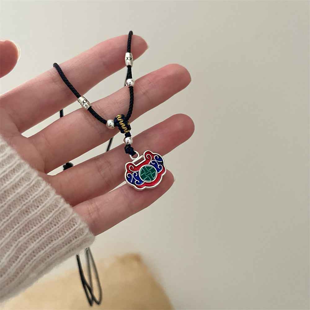 Tibetan Ethnic Style Colorful Peace Lock Braided Necklace Black Rope Ruyi Lock Necklace - Lunaria