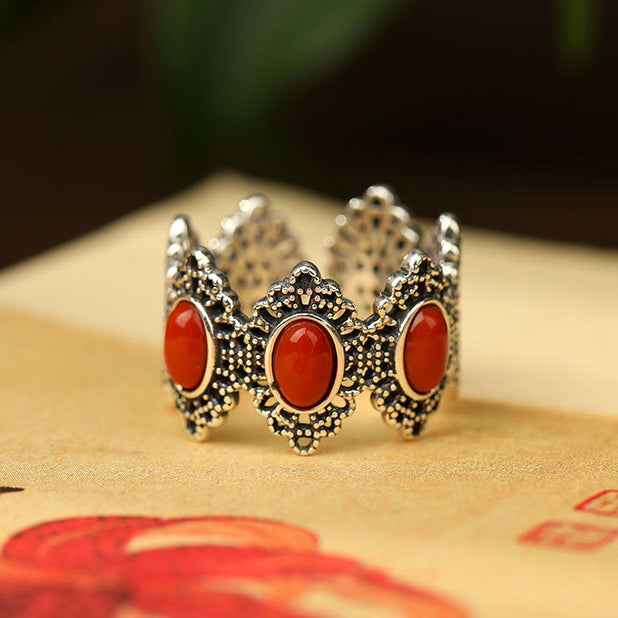 Unique Coral Thai Silver South Red Agate Hetian Jade Ring Retro Ethnic Style - Lunaria