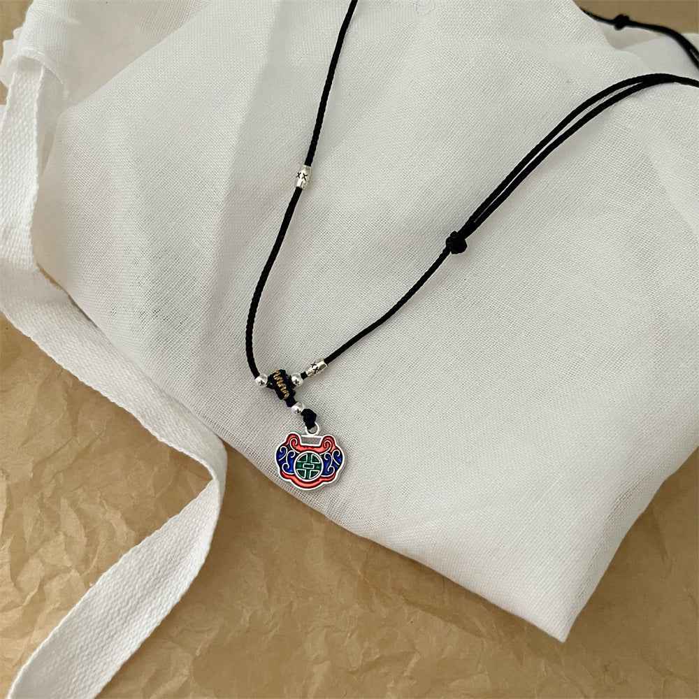 Tibetan Ethnic Style Colorful Peace Lock Braided Necklace Black Rope Ruyi Lock Necklace - Lunaria