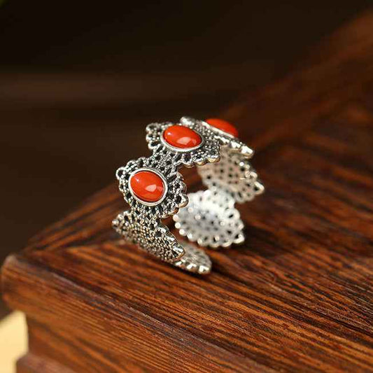 Unique Coral Thai Silver South Red Agate Hetian Jade Ring Retro Ethnic Style - Lunaria