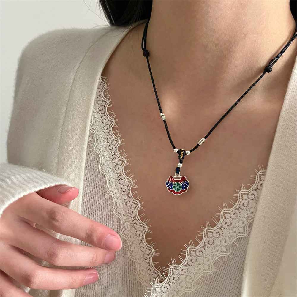 Tibetan Ethnic Style Colorful Peace Lock Braided Necklace Black Rope Ruyi Lock Necklace - Lunaria