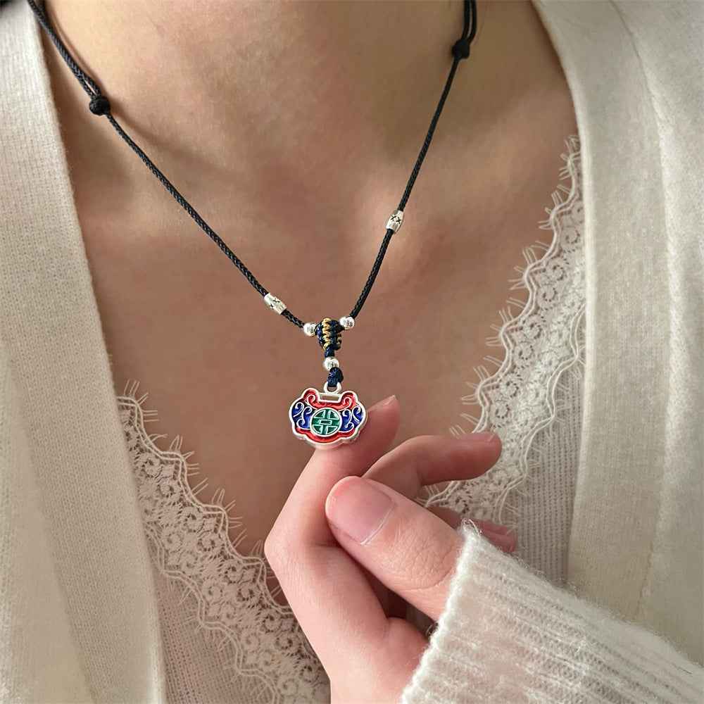 Tibetan Ethnic Style Colorful Peace Lock Braided Necklace Black Rope Ruyi Lock Necklace - Lunaria