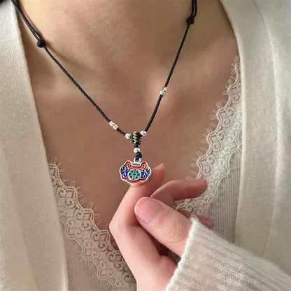 Tibetan Ethnic Style Colorful Peace Lock Braided Necklace Black Rope Ruyi Lock Necklace - Lunaria